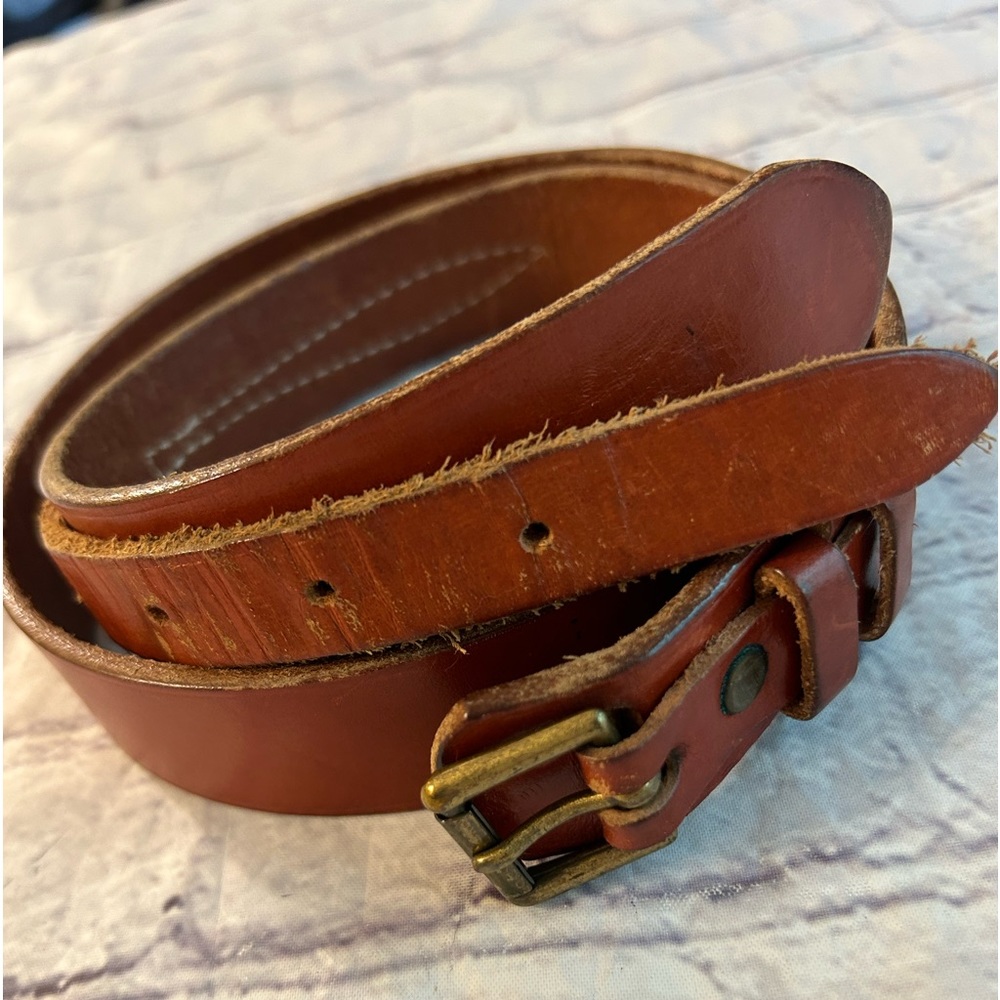 L.L.BEAN VINTAGE RUST BROWN LEATHER WESTERN STYLE BEIGE STITCHING COWHIDE BELT